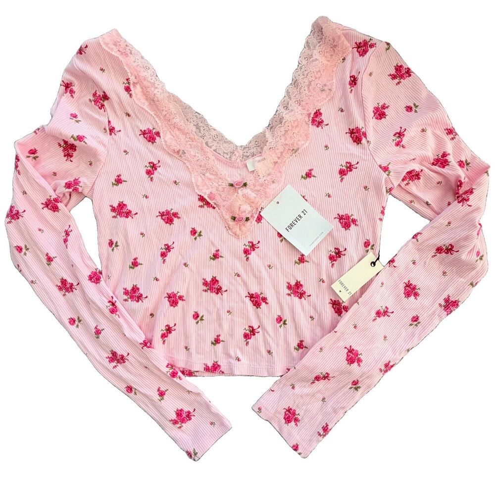 New Forever 21 Mini Rose Ribbed V-Neck Lace Top Sleepwear Womens M NWT